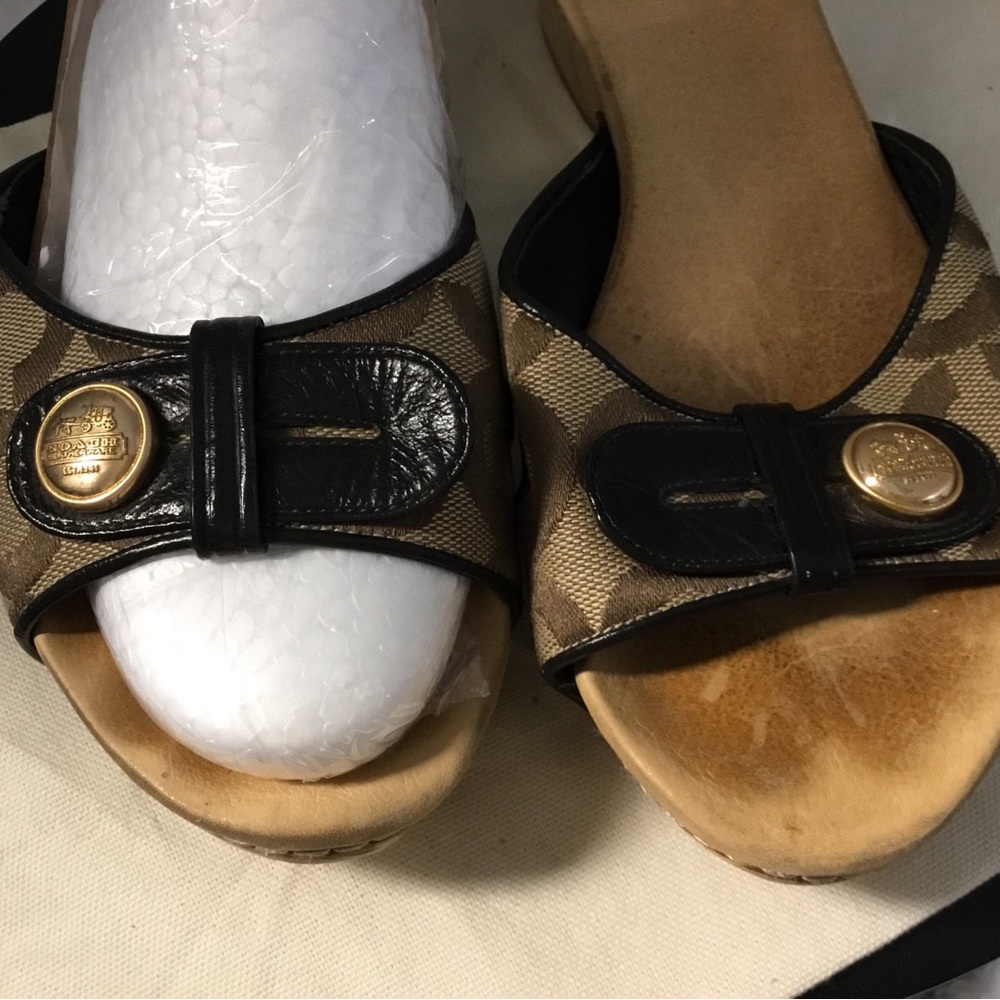 Coach Brown Signature Canvas Slide Sandals with Black Trim and Gold Buttons - Picture 2 of 8